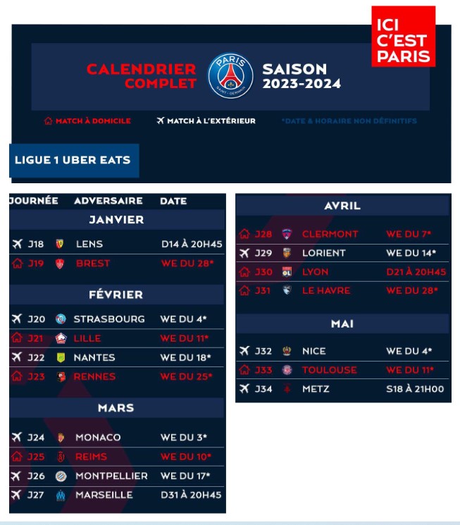 Le calendrier de la saison du PSG à imprimer - Le Parisien